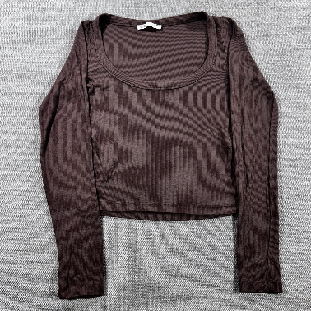 STR‎ Stradivarius Ribbed Long Sleeve Top Womens Small Brown Good Scoop Neck Crop